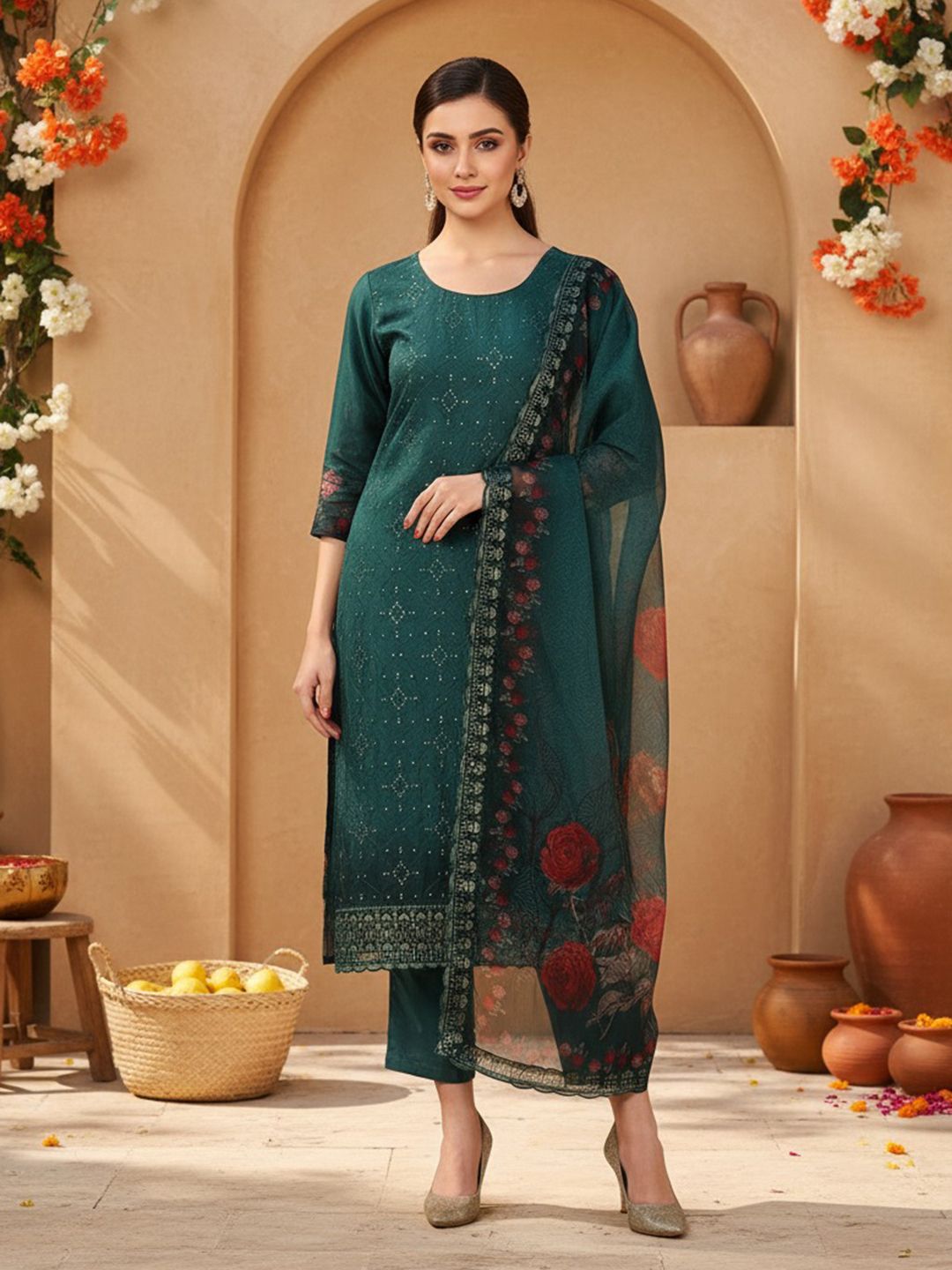 Dhiyona KL Ethnic Motifs Embroidered Regular Sequinned Kurta with Trousers & With Dupatta