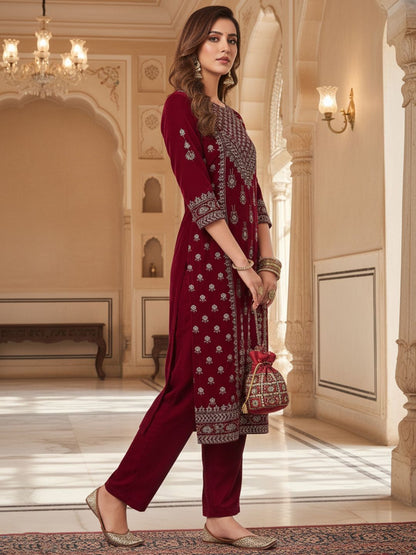 Maroon Women Ethnic Motifs Printed Regular Thread Work Velvet Kurta with Trousers