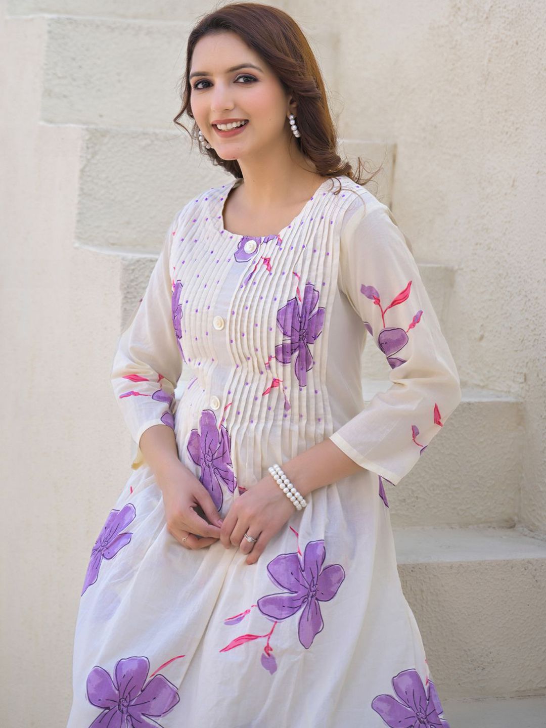 Dhiyona IE Floral Printed Round Neck Pleated Pure Cotton A-Line Kurta With Palazzos