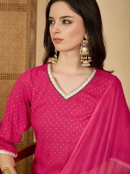 Polka Dots Printed Bell Sleeves Straight Kurta With Sharara & Dupatta