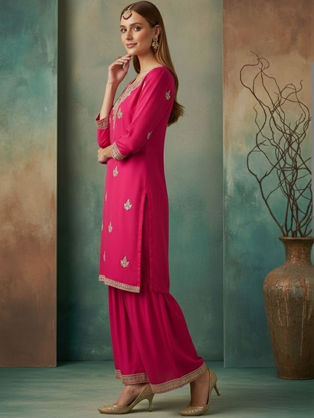 Dhiyona SN Embroidered Round Neck Kurta & Sharara Kurta Set