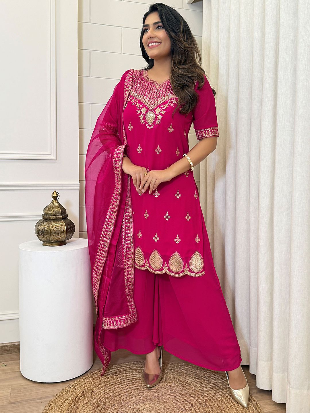 Dhiyona KL Ethnic Motifs Embroidered Sequinned Georgette Straight Kurta With Sharara & Dupatta