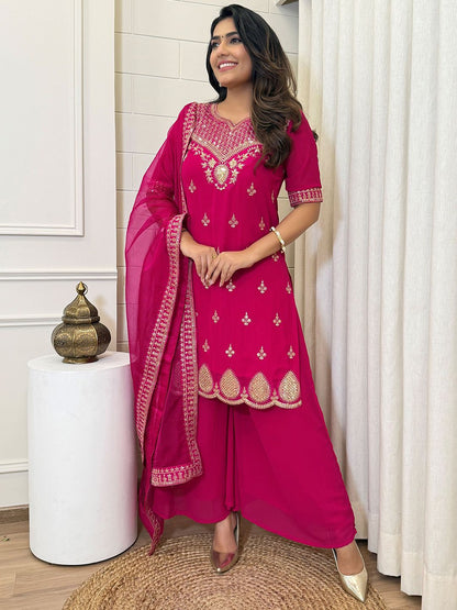 Dhiyona KL Ethnic Motifs Embroidered Sequinned Georgette Straight Kurta With Sharara & Dupatta