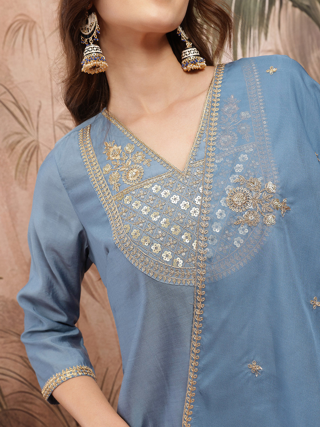Ethnic Motifs Embroidered Sequinned V-Neck A-Line Kurta with Trousers & Dupatta