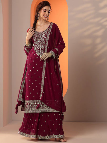 Dhiyona LL Floral Embroidered Scoop Neck Georgette Straight Kurta With Palazzos And Dupatta