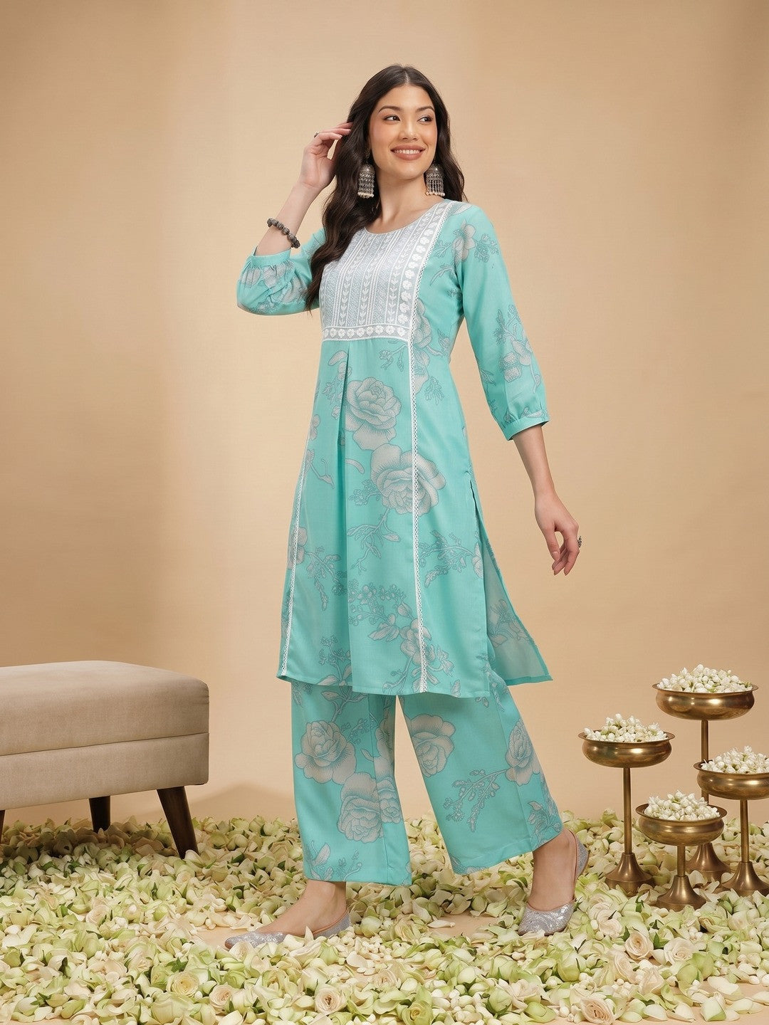 Floral Print Pleated Thread Work Kurta with Palazzos