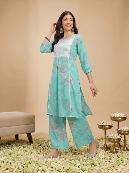 Floral Print Pleated Thread Work Kurta with Palazzos