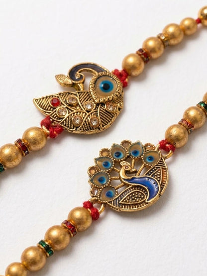 Dhiyona Set Of 2 Peacock & Ghungroo Design Multicolor Thread Rakhi With Roli Chawal Chandan