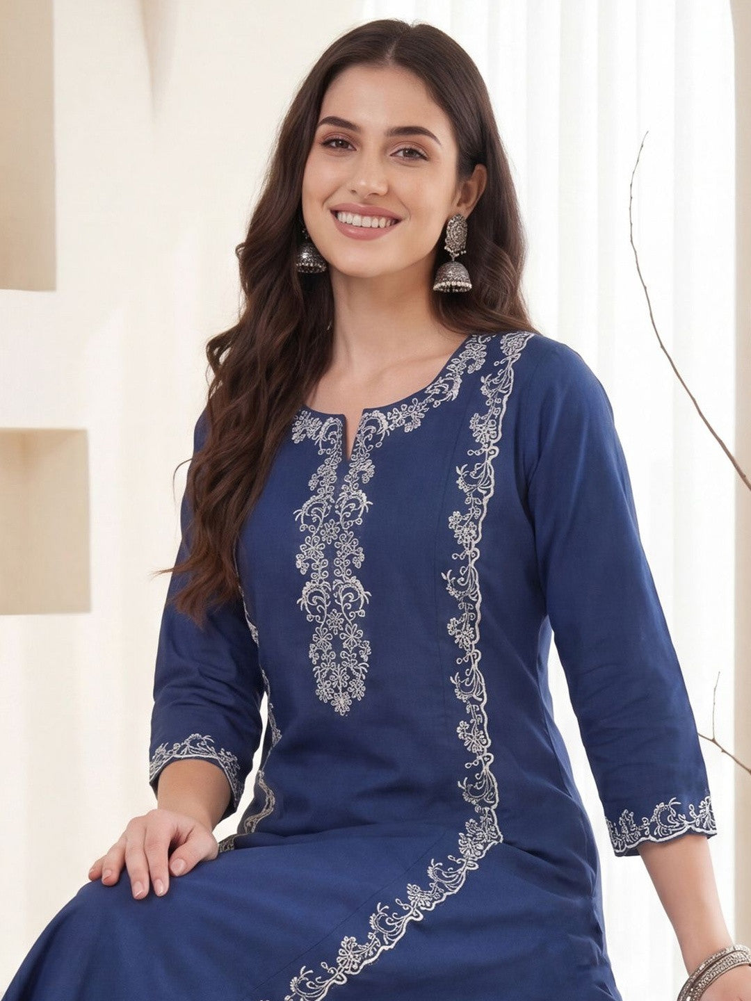 Women Ethnic Motifs Embroidered Regular Thread Work Pure Cotton Kurta with Trousers