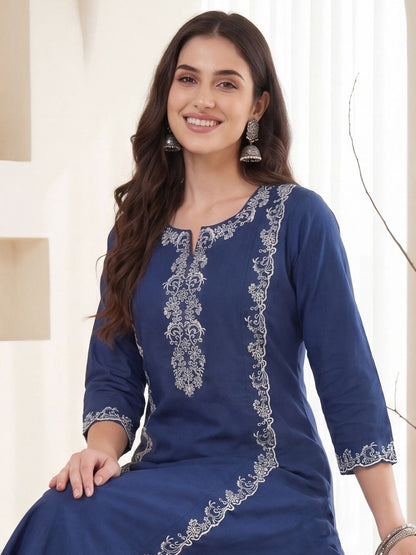 Women Ethnic Motifs Embroidered Regular Thread Work Pure Cotton Kurta with Trousers
