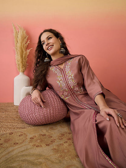 Dhiyona SN Floral Embroidered Silk Anarkali Kurta & Palazzo With Dupatta