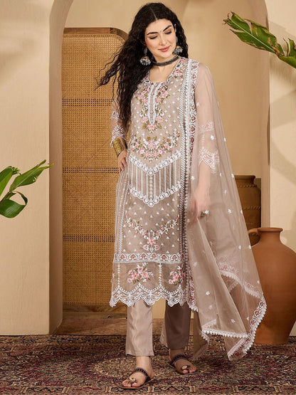 Embroidered Kurta With Trousers & Embroidered Dupatta