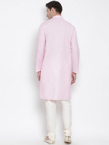 Men's Pink Cotton Linen Straight Kurta Pyjama Set