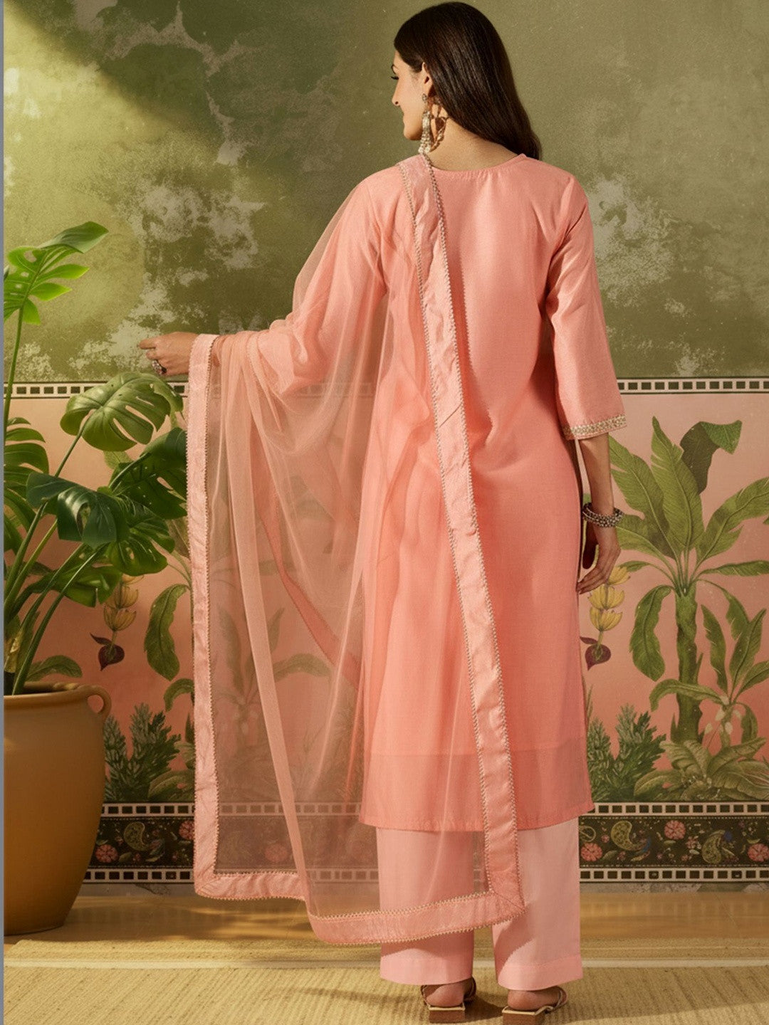 Women Ethnic Motifs Embroidered Regular Chanderi Cotton Kurta with Trousers & With Dupatta