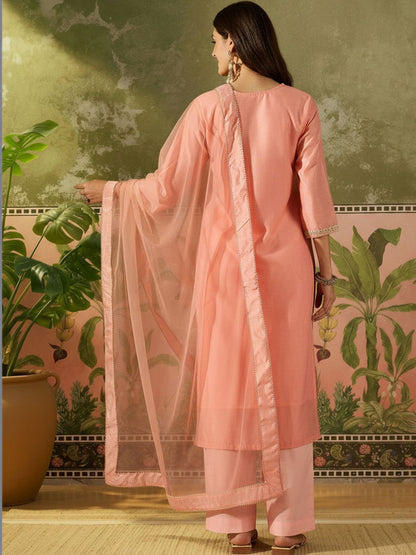 Women Ethnic Motifs Embroidered Regular Chanderi Cotton Kurta with Trousers & With Dupatta