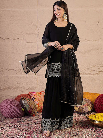 Dhiyona IN Ethnic Motifs Embroidered Straight Sequinned Kurta With Sharara & Dupatta