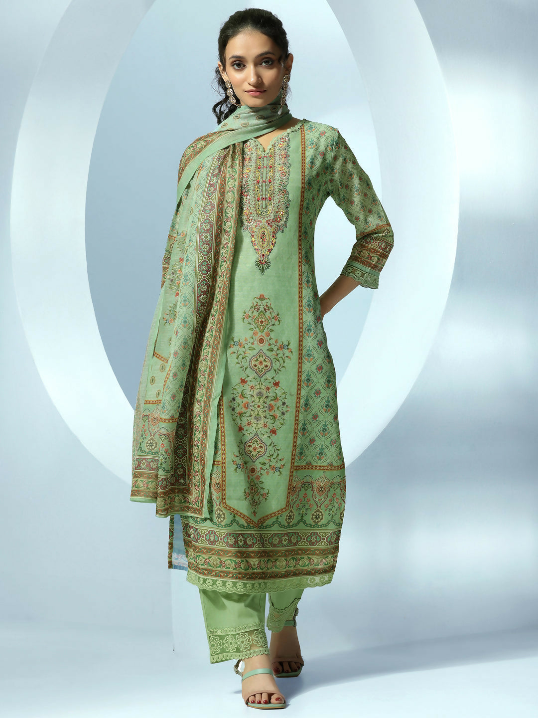 Women's LB Green Printed Linen Straight Suit With Dupatta