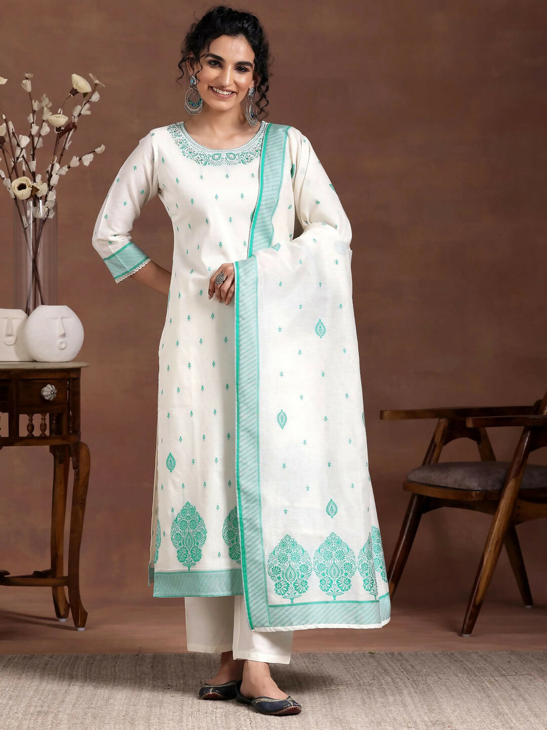 Women's LB Off White Woven Design Chanderi Silk Straight Suit With Dupatta