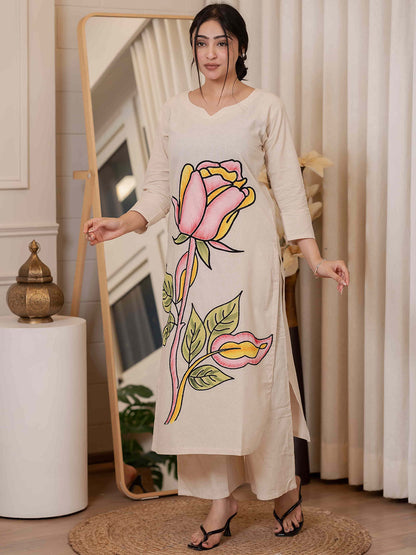 Floral Printed Pure Cotton Straight Kurta & Palazzos