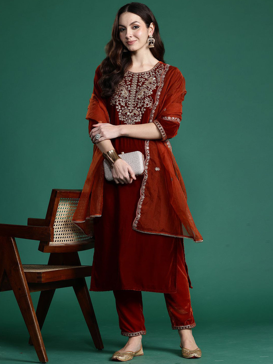 Women Embroidered Velvet Kurta with Trousers & Dupatta