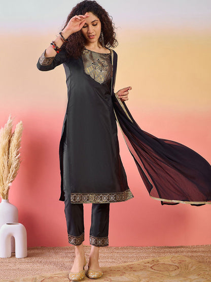 Floral Yoke Design Zari Jacquard Straight Kurta With Trousers And Dupatta