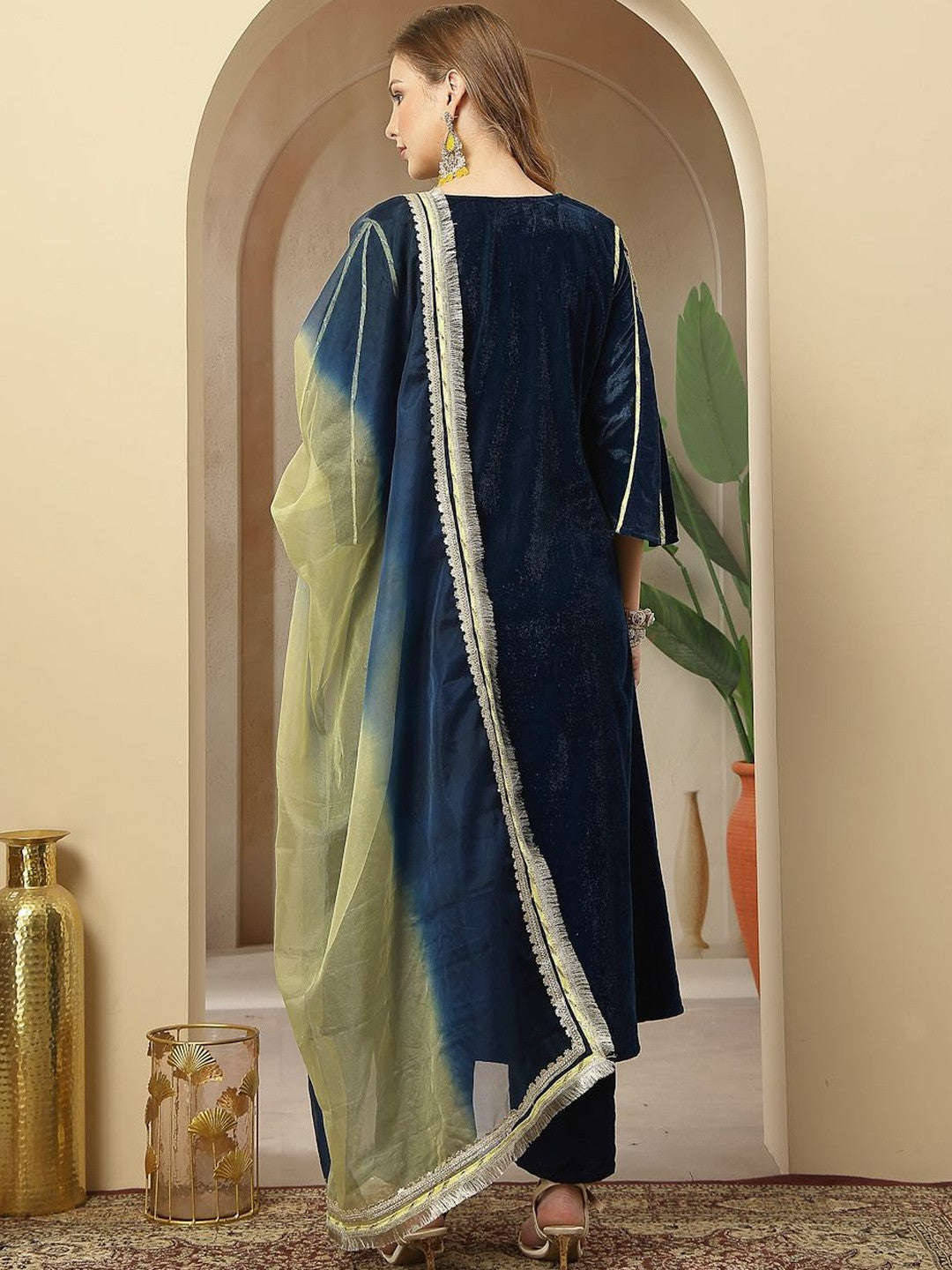 Embroidered A-Line Kurta With Trousers & Dupatta