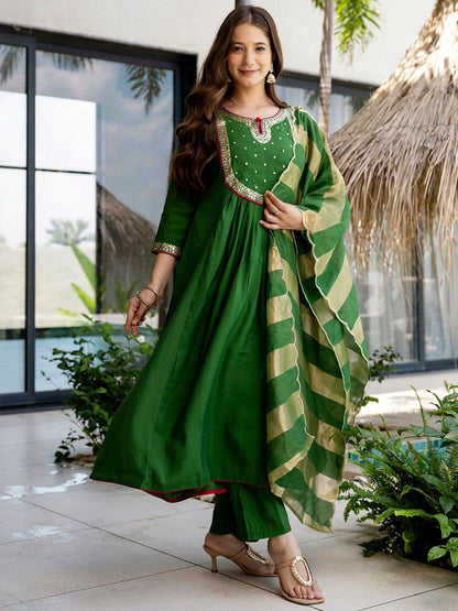Dhiyona KL Ethnic Motifs Embroidered Sequinned Chanderi Silk Kurta With Trousers & Dupatta