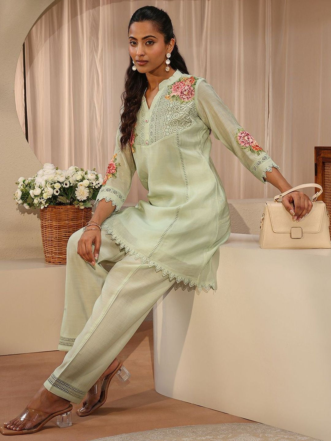 Green Floral Embroidered A-Line Kurta Set