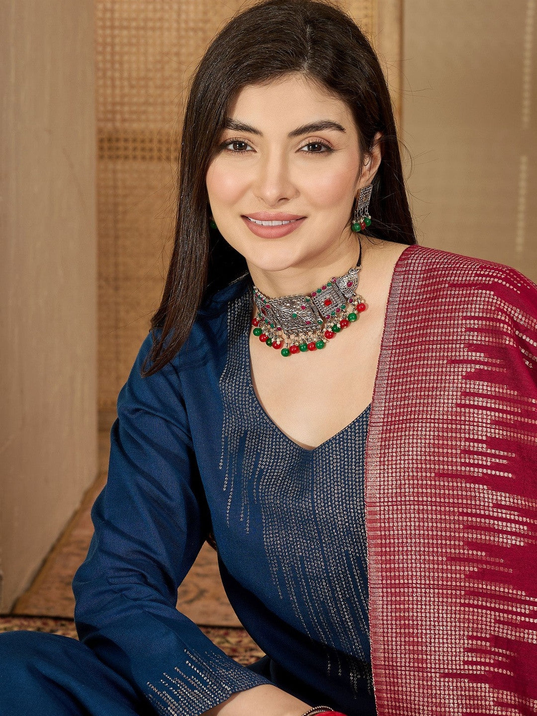 Women Winter Pashmina Woven Design Yoke Design Kurta With Palazzos & Dupatta