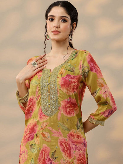 Dhiyona LL Women Floral Printed Sequinned Kurta with Palazzos & Dupatta