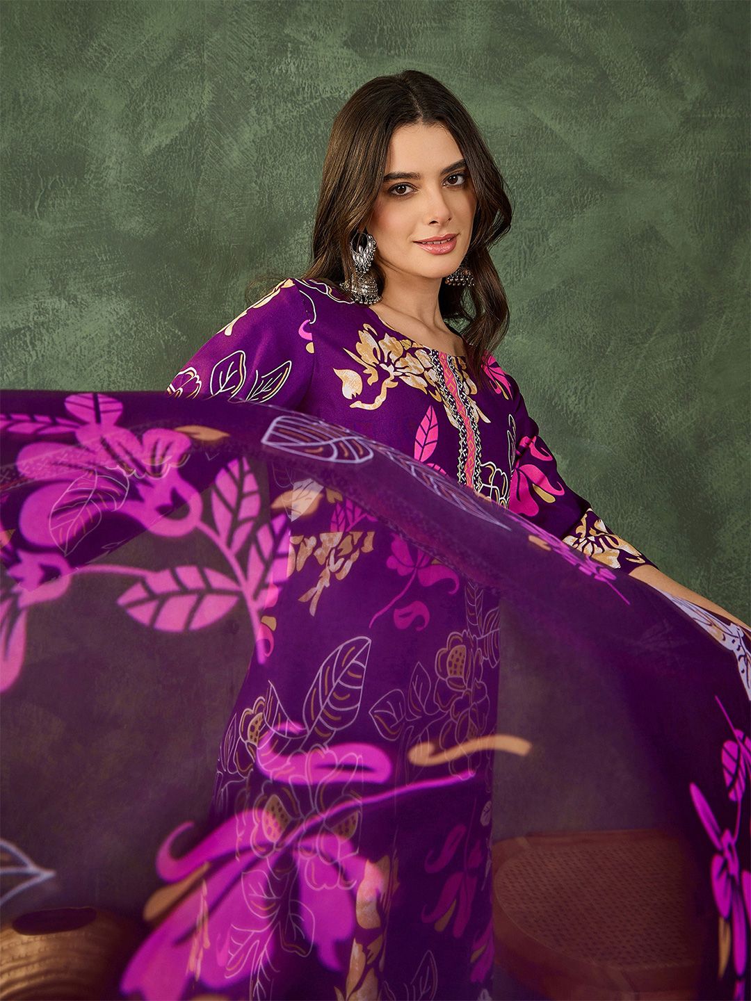 Dhiyona KL Women Printed Flared Kurta with Pant and Dupatta