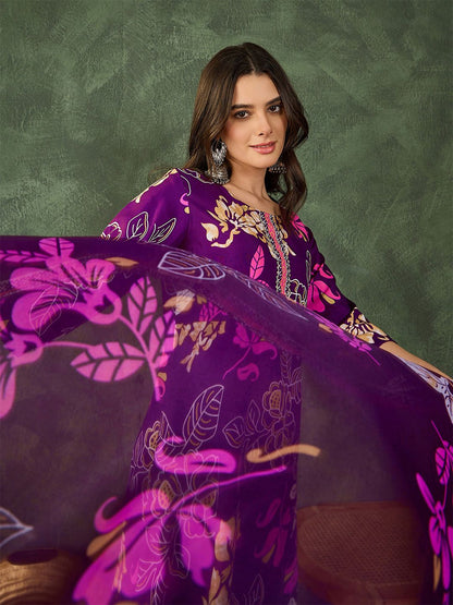 Dhiyona KL Women Printed Flared Kurta with Pant and Dupatta