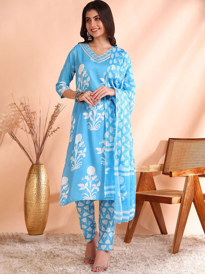 Dhiyona OD  Printed Thread Work Pure Cotton Kurta With Trousers & Dupatta