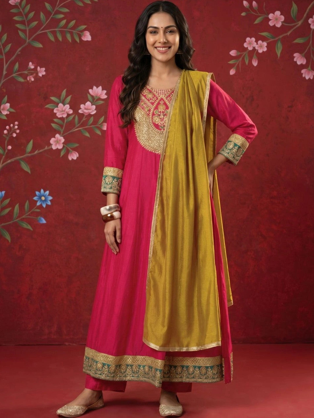 Dhiyona SN Women Ethnic Motifs Embroidered Regular Kurta with Trousers & With Dupatta