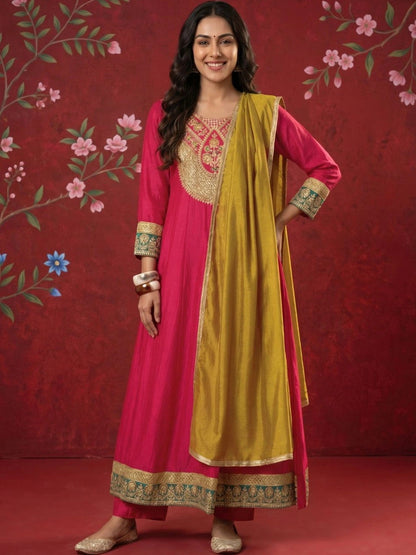 Women Ethnic Motifs Embroidered Regular Kurta with Trousers & With Dupatta