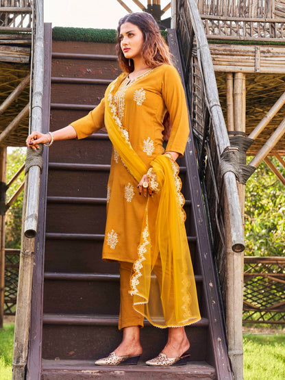 Dhiyona TI Women's Mustard Embroidered Kurta with Net Dupatta 