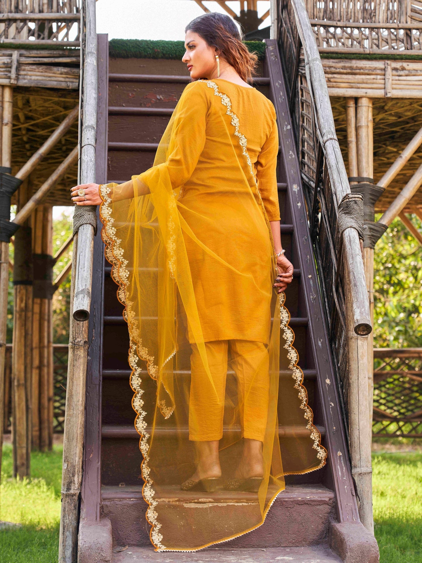 Dhiyona TI Women's Mustard Embroidered Kurta with Net Dupatta 