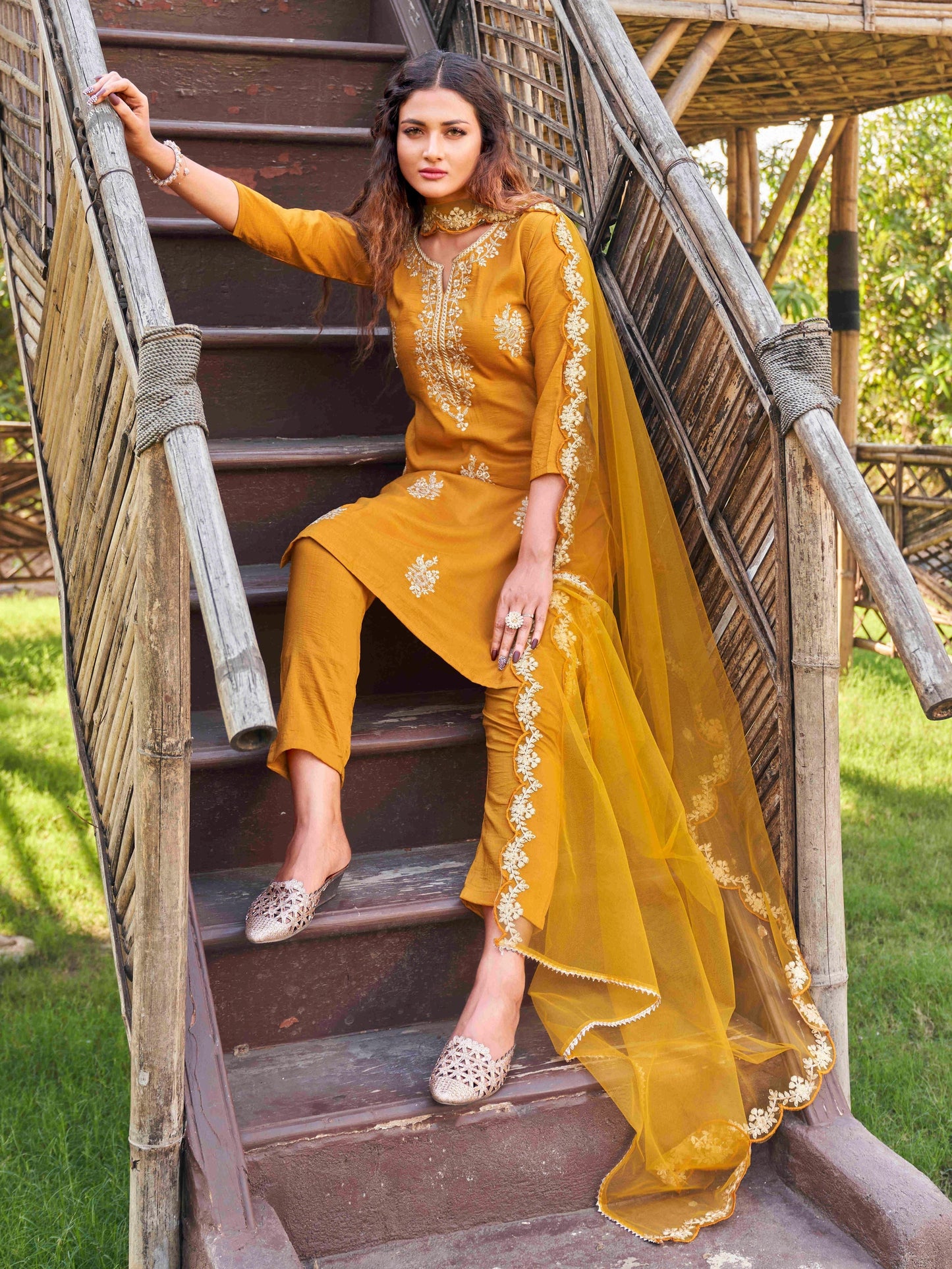 Dhiyona TI Women's Mustard Embroidered Kurta with Net Dupatta 