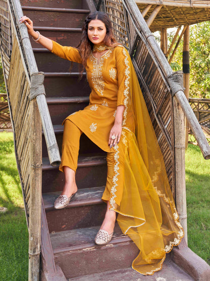 Dhiyona TI Women's Mustard Embroidered Kurta with Net Dupatta 