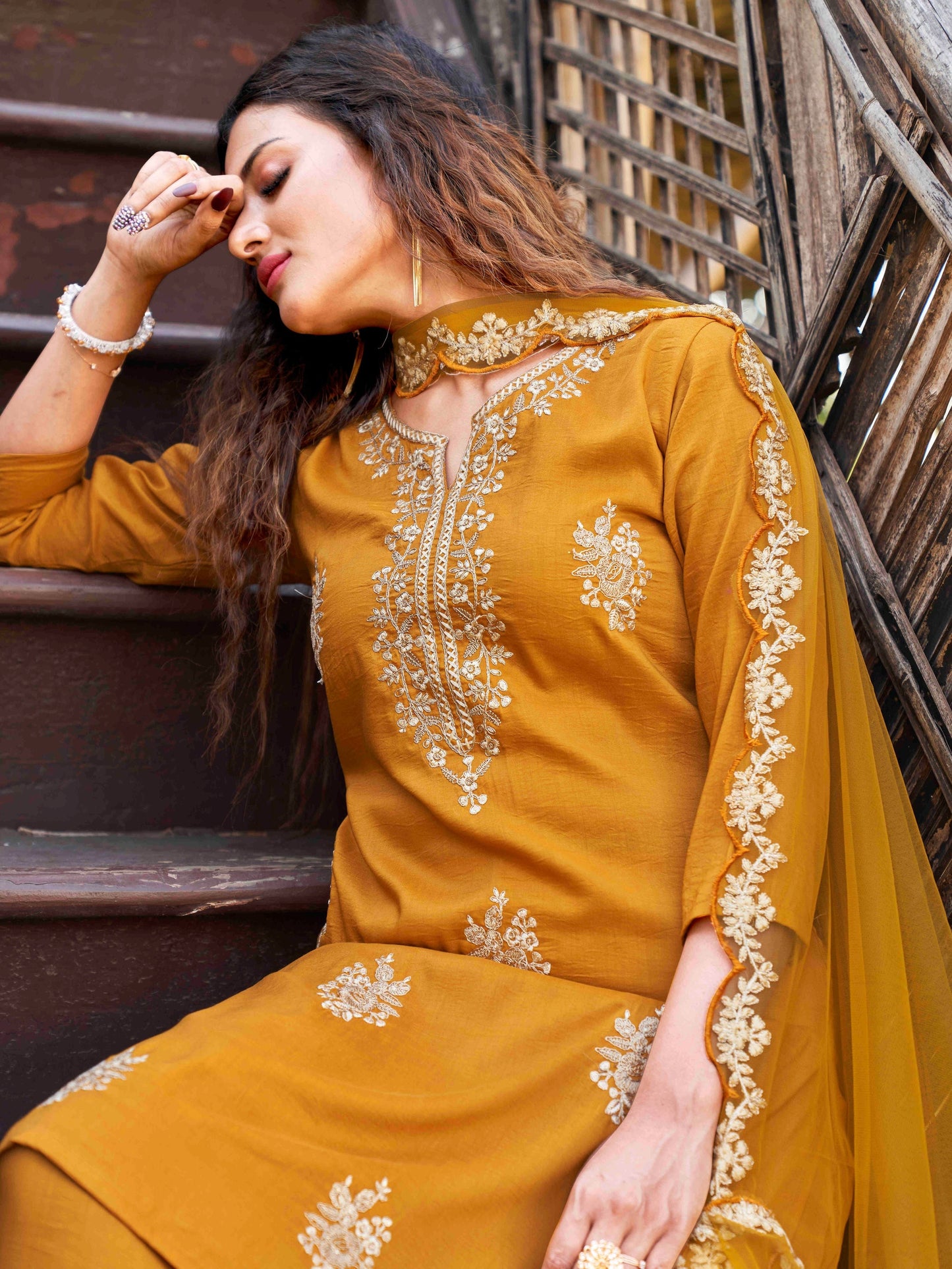 Dhiyona TI Women's Mustard Embroidered Kurta with Net Dupatta 