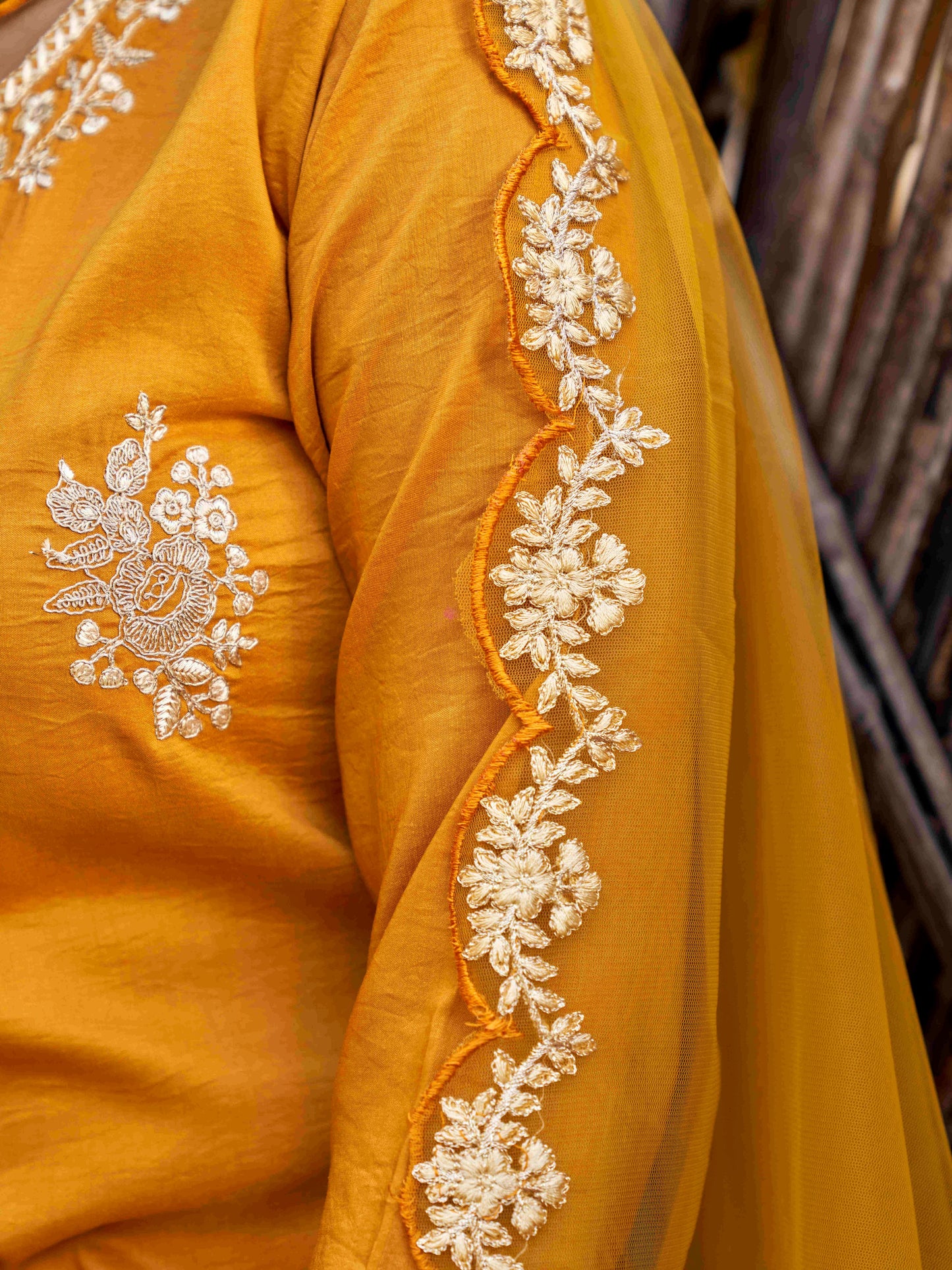 Dhiyona TI Women's Mustard Embroidered Kurta with Net Dupatta 