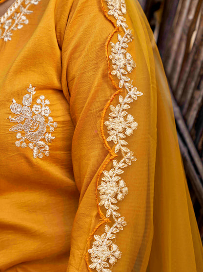 Dhiyona TI Women's Mustard Embroidered Kurta with Net Dupatta 