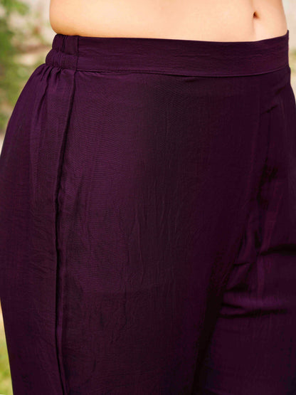Dhiyona TI Women's Burgundy Poly Crepe Solid Flared Kurta with Pant and Dupatta
