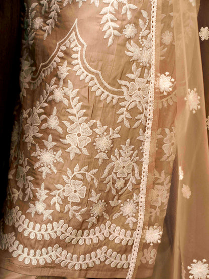 Dhiyona TI Women's Light Coffee Cotton Kurta With Chikankaari Work And Embroidered Dupatta