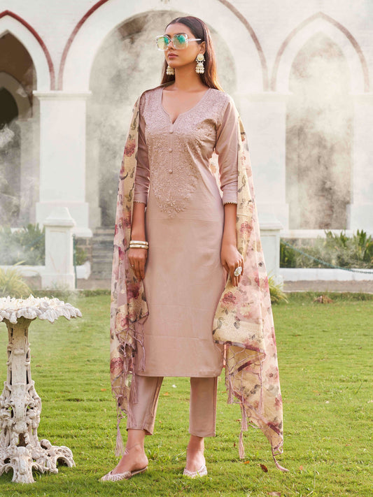 Dhiyona TI Women's Mauve Embroidery Kurta with Organza Dupatta