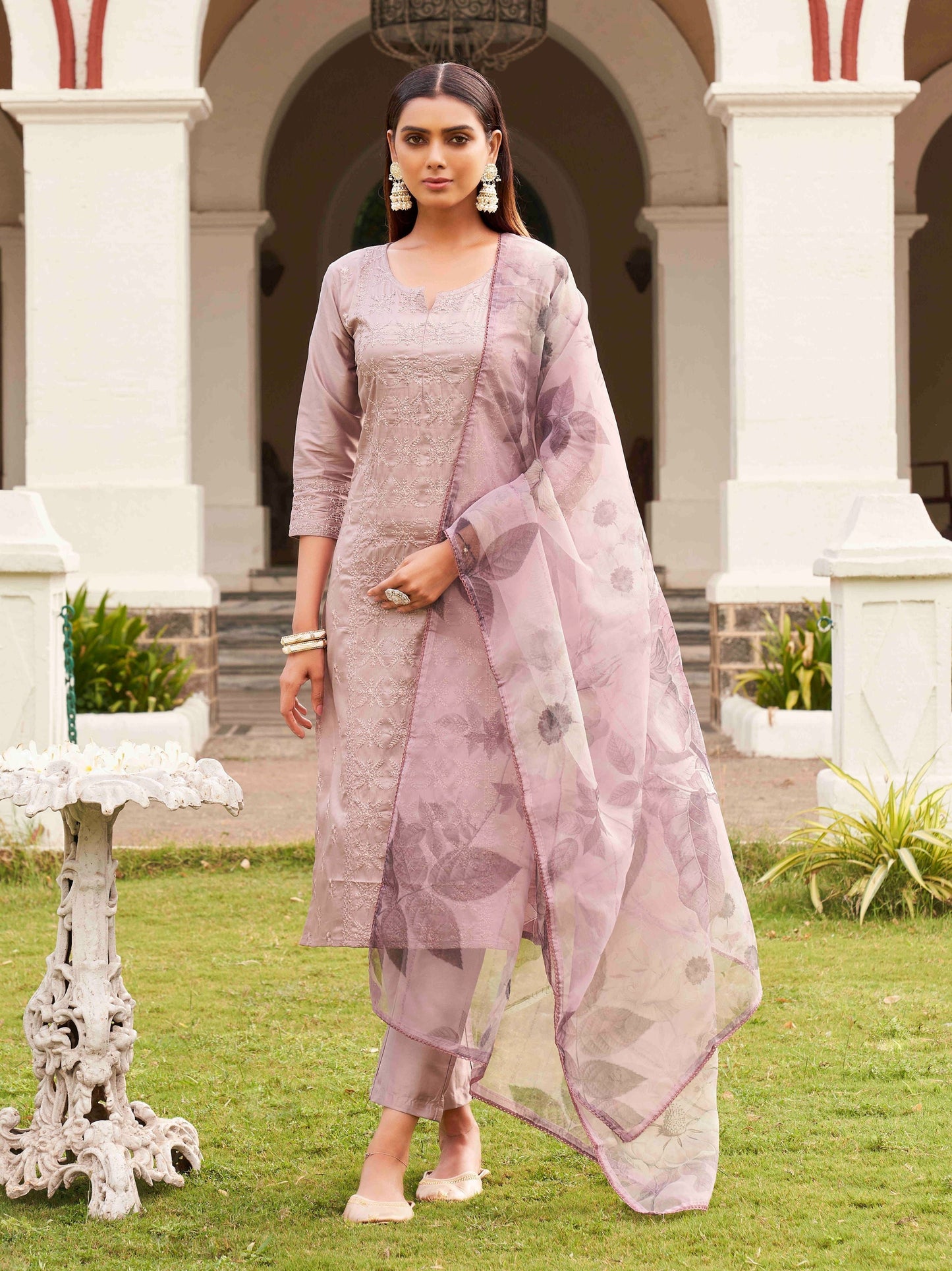 Dhiyona TI Women's Lavender Cotton Embroidery Kurta with Trouser & Dupatta