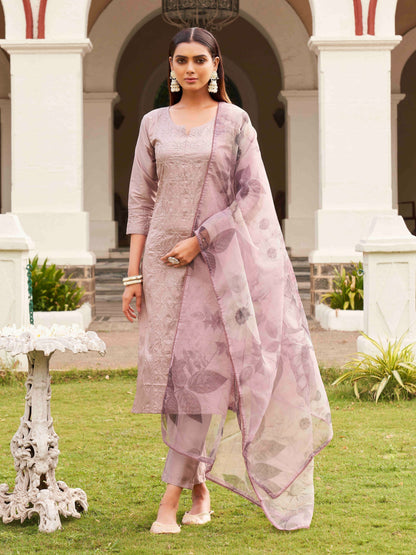 Dhiyona TI Women's Lavender Cotton Embroidery Kurta with Trouser & Dupatta