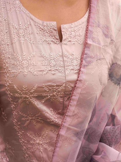 Dhiyona TI Women's Lavender Cotton Embroidery Kurta with Trouser & Dupatta