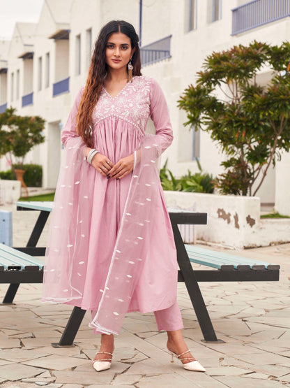 Dhiyona TI Women's Pink Color Embroidery Anarkali Kurta with Pant & Net Dupatta