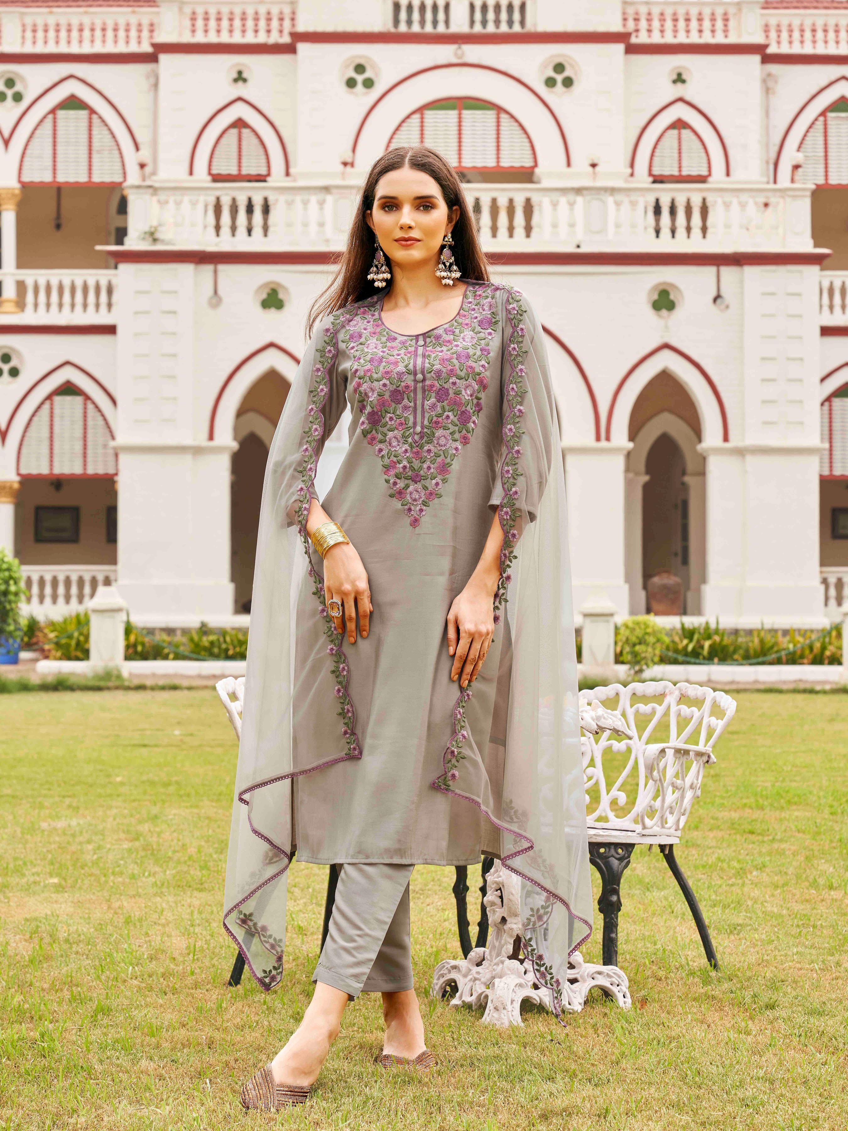Dhiyona TI Women's Silk Blend Multi Thread Straight Cut Kurta with Pant and Dupatta